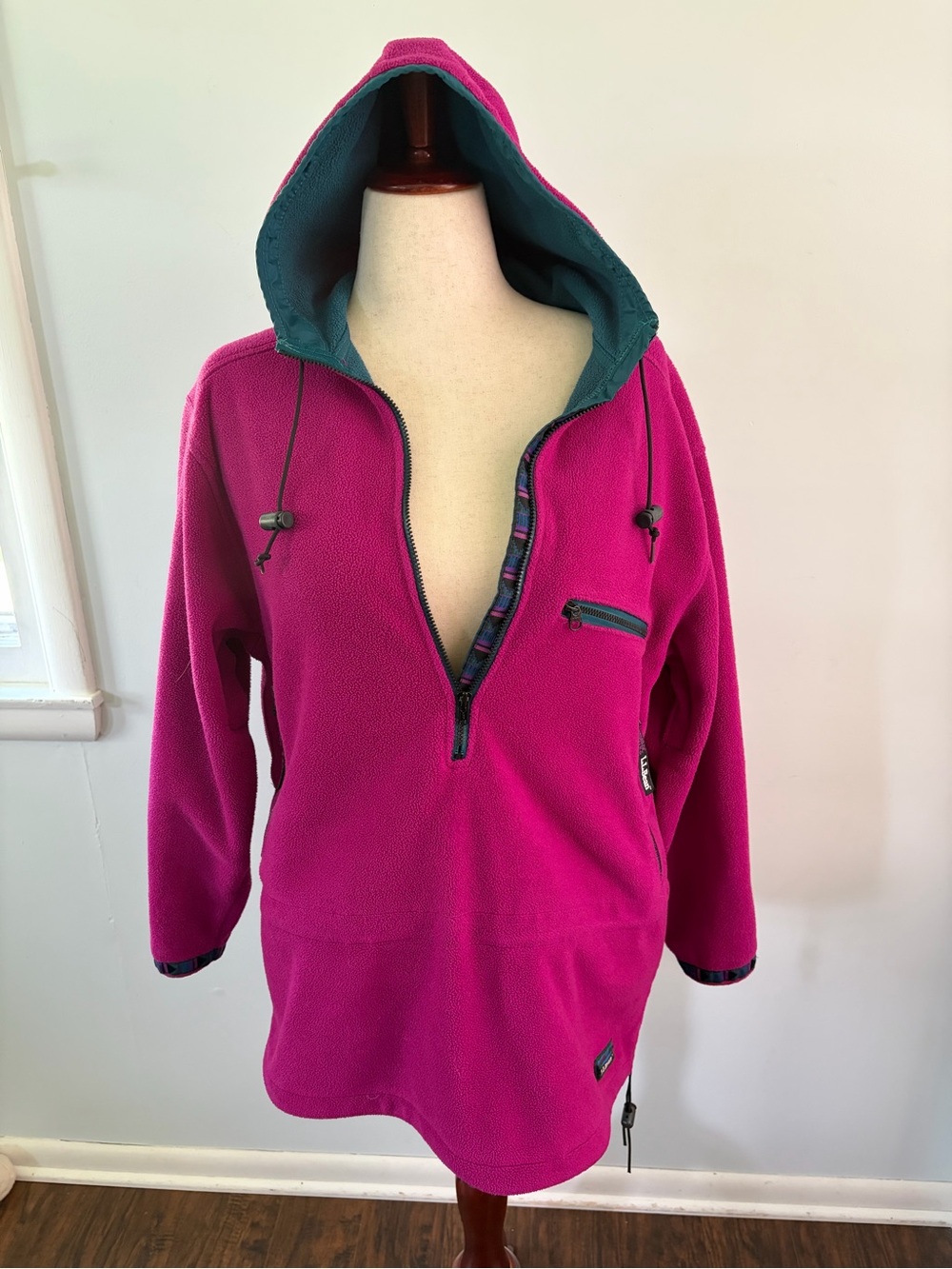 Vintage L.L. Bean Quarter Zip 90s Raspberry Fleece Jacket with Hood